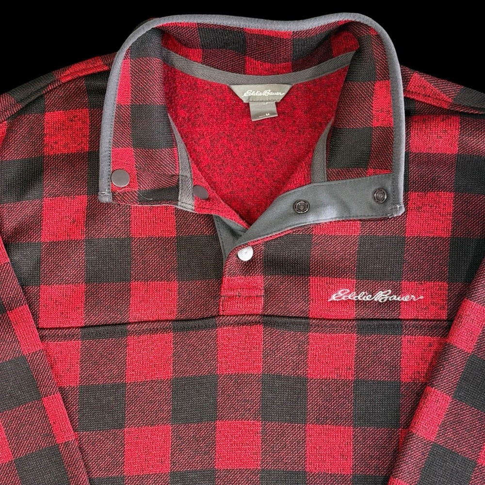 Eddie Bauer Men's Fleece Pullover Red Black Buffalo Check Outdoor Casual Medium